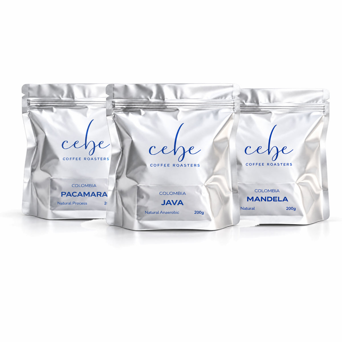 Colombia Set: Pacamara, Java and Mandela, three 200 g bags, front