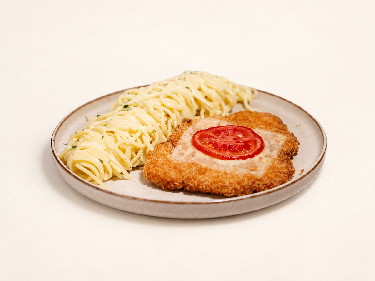 Chicken schnitzel & cream spaghetti
