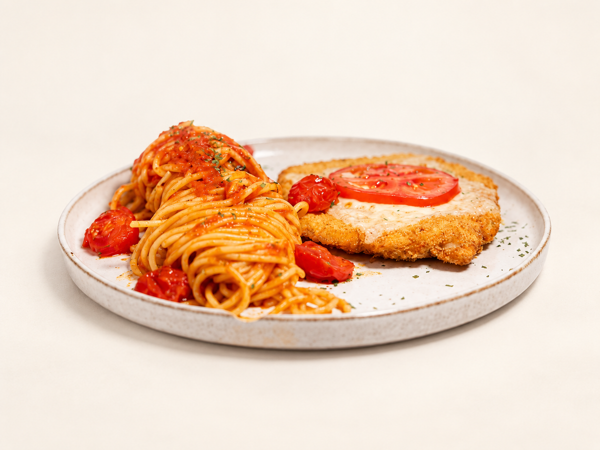 Chicken schnitzel & tomato spaghetti