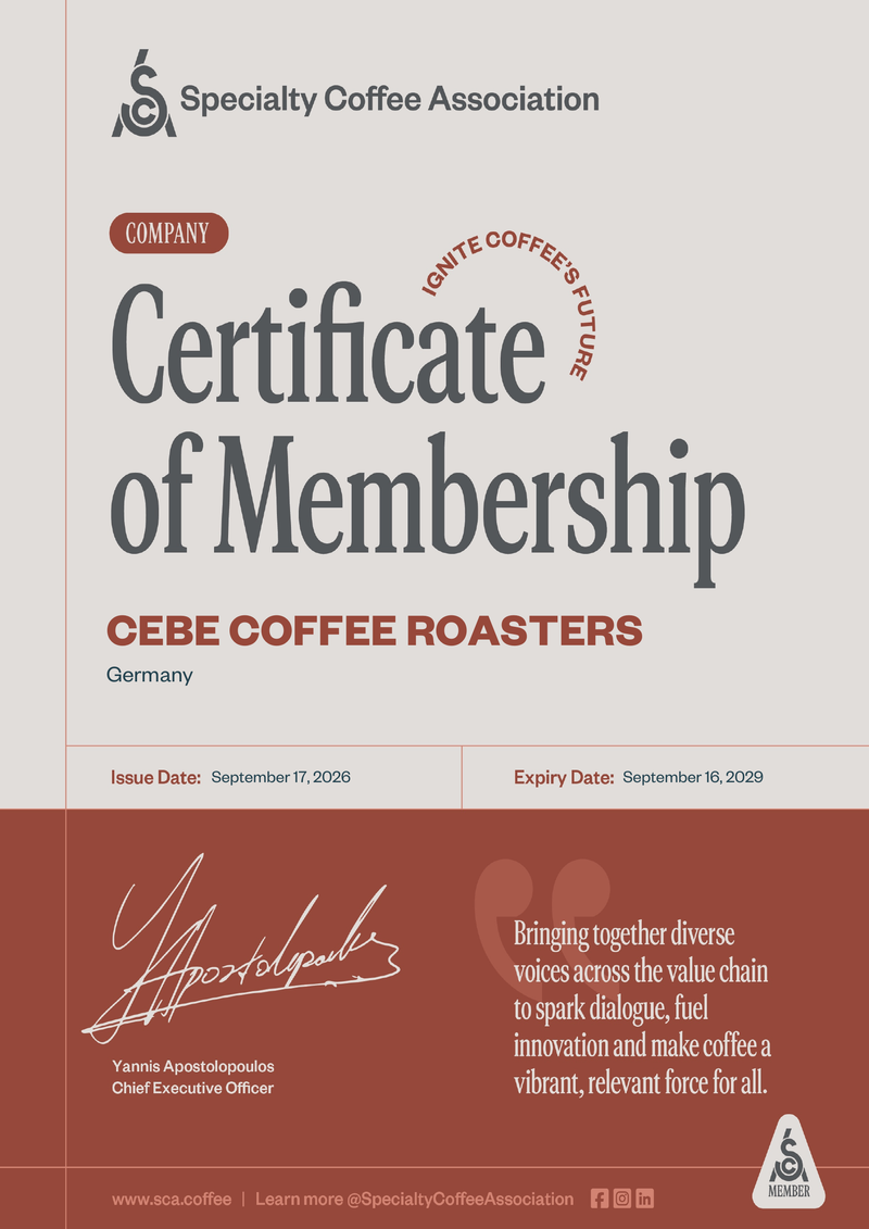 Certificate of SCA company membership for CEBE Coffee Roasters, Germany, valid 17 September 2026 to 16 September 2029.