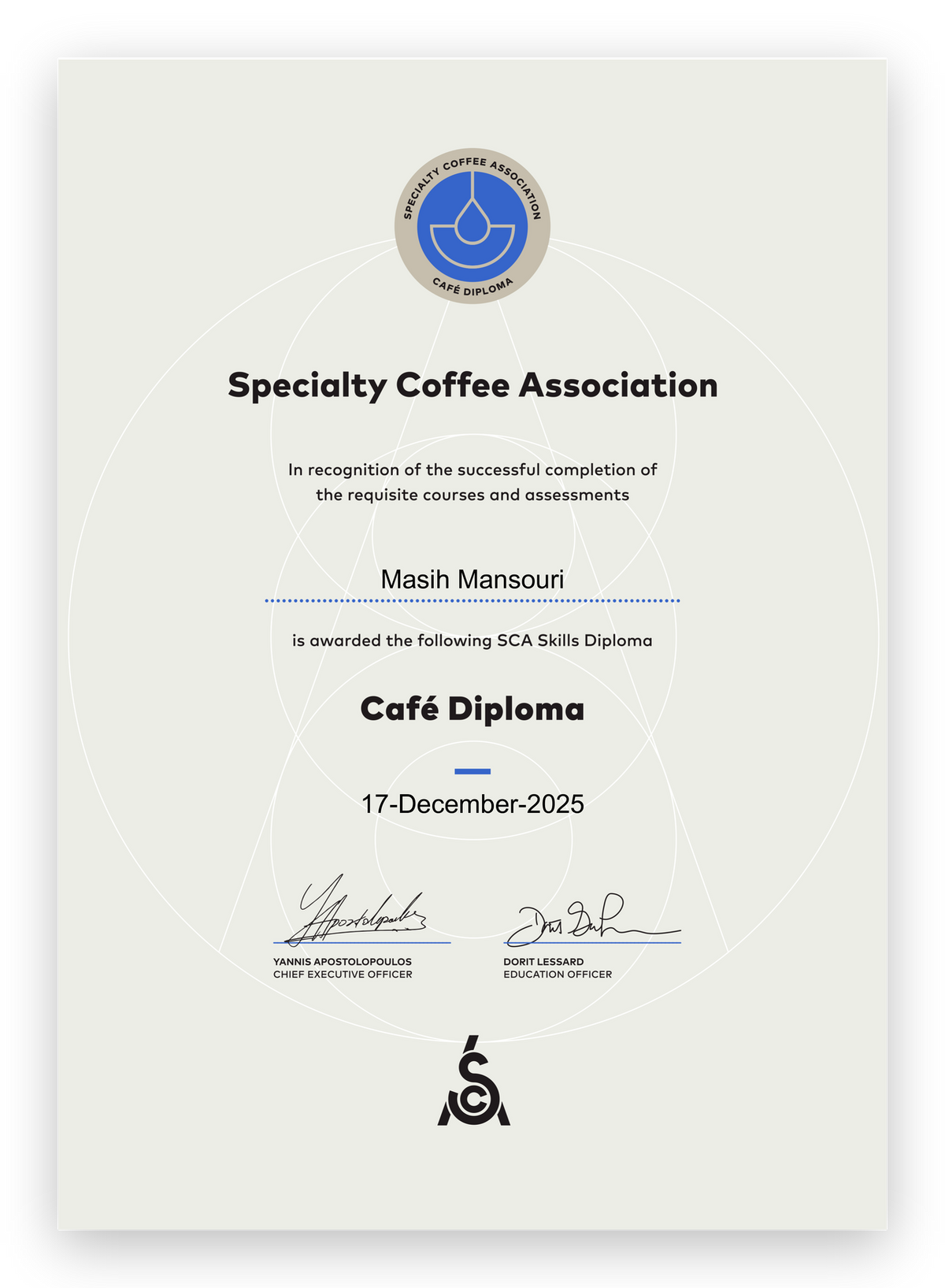 SCA Skills Diploma, Café Diploma, awarded to Masih Mansouri on 17 December 2025.