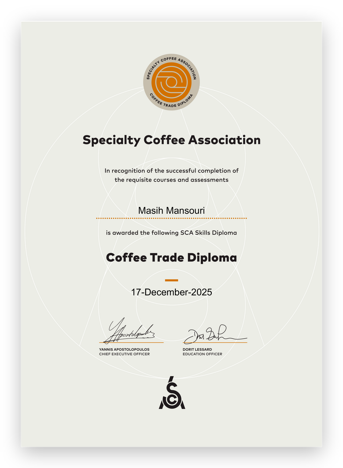 SCA Skills Diploma, Coffee Trade Diploma, awarded to Masih Mansouri on 17 December 2025.