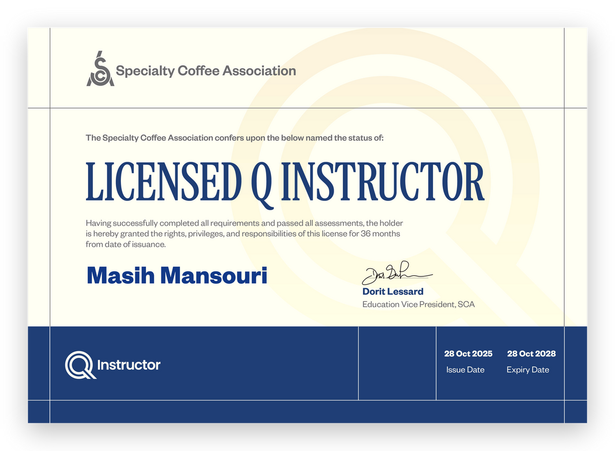 Licensed Q Instructor licence from the Specialty Coffee Association for Masih Mansouri, issued 28 October 2025, valid until 28 October 2028.
