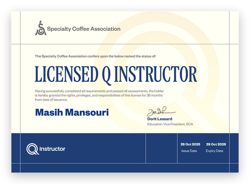 Licensed Q Instructor licence from the Specialty Coffee Association for Masih Mansouri, issued 28 October 2025, valid until 28 October 2028.