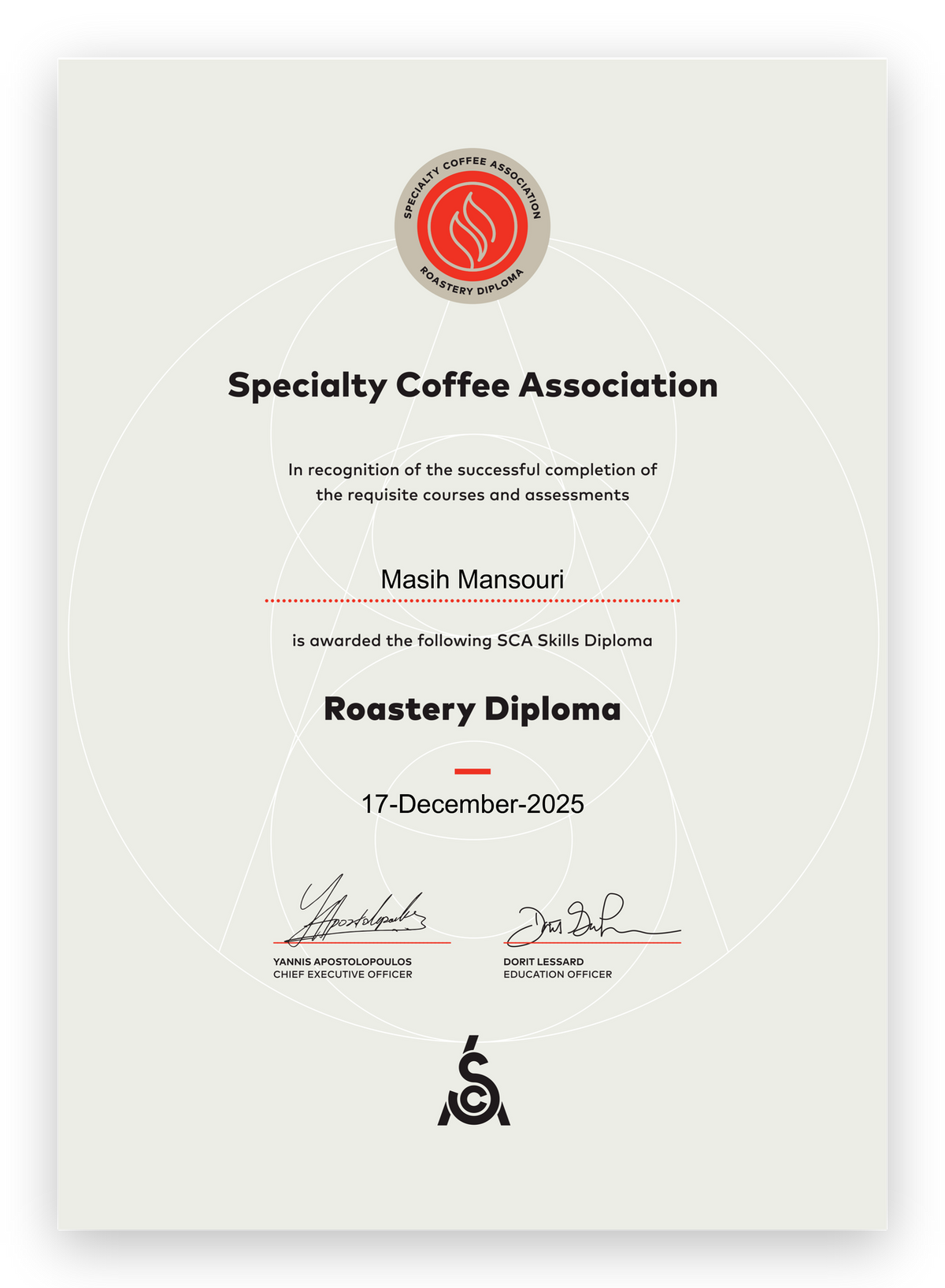 SCA Skills Diploma, Roastery Diploma, awarded to Masih Mansouri on 17 December 2025.