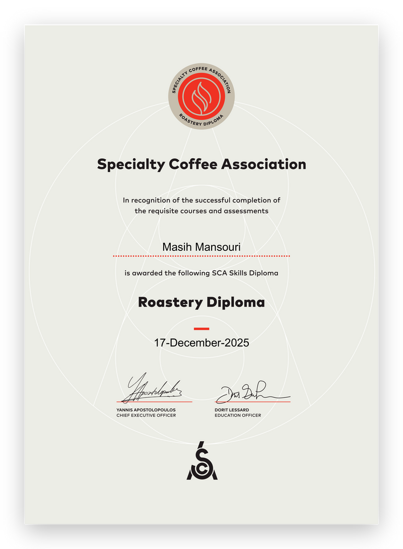 SCA Skills Diploma, Roastery Diploma, awarded to Masih Mansouri on 17 December 2025.