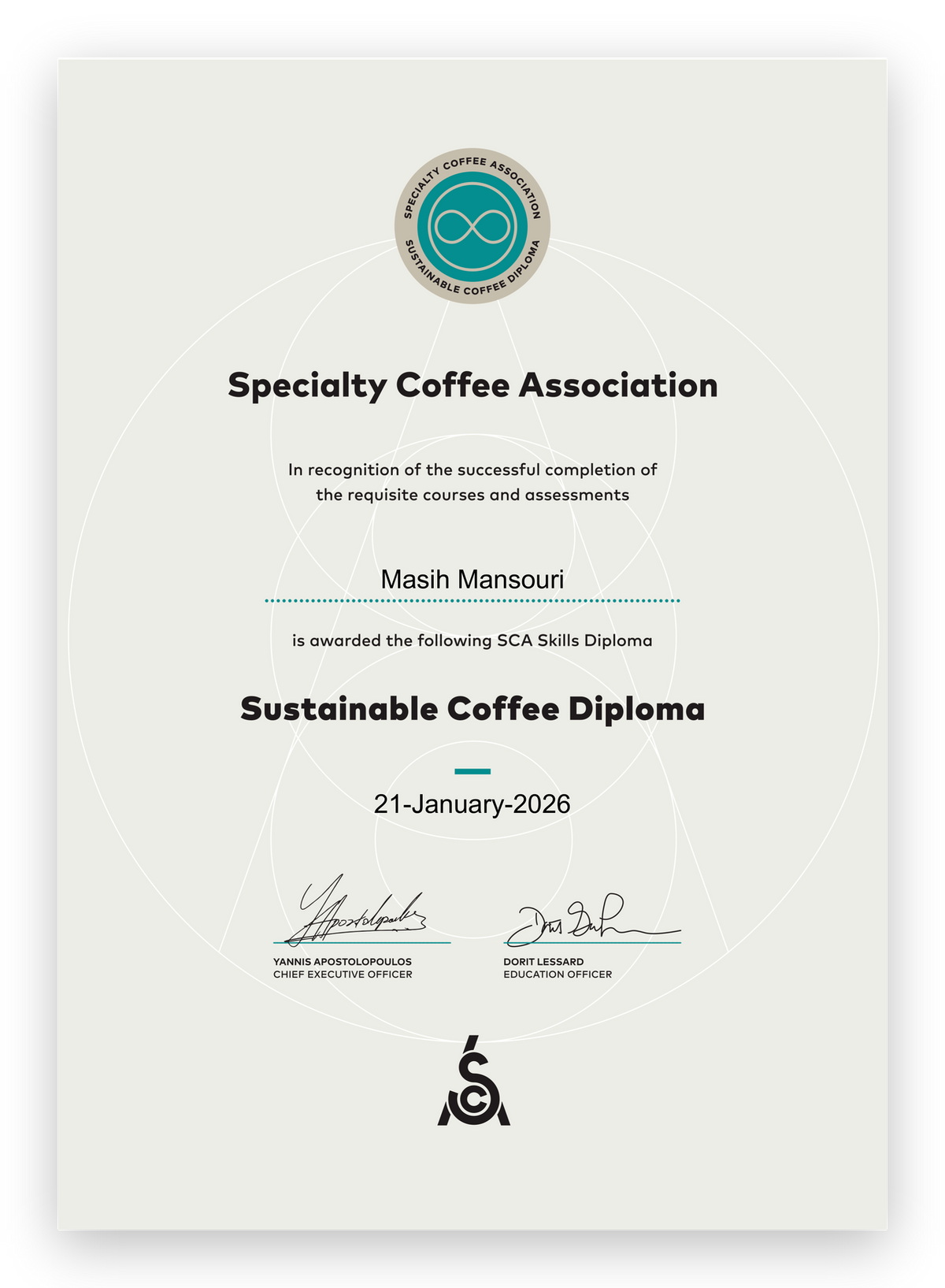SCA Skills Diploma, Sustainable Coffee Diploma, awarded to Masih Mansouri on 21 January 2026.